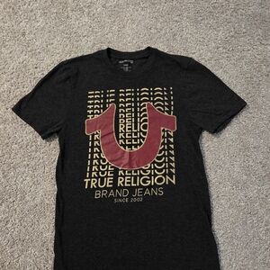 True Religion Men's Charcoal Tee with Red and Gold Logo